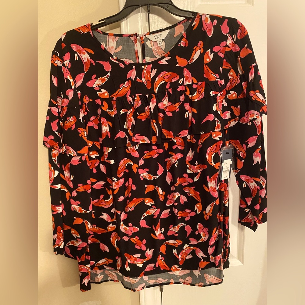 Koi fish blouse w/ ruffle above the breastline